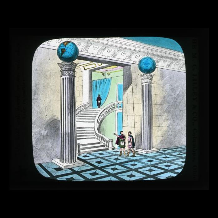 Magic lantern slide depicts two pillars of porch outside the Masonic winding stairs from the Fellowcraft lecture