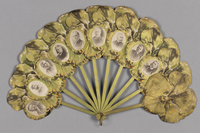Fabric and wood fan featuring black and white photographs of President William McKinley, Assistant Secretary of the Navy Theodore Roosevelt, and seven U.S. naval military leaders
