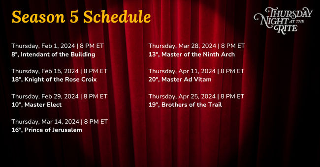A graphic detailing the season five schedule of Thursday Night at the Rite