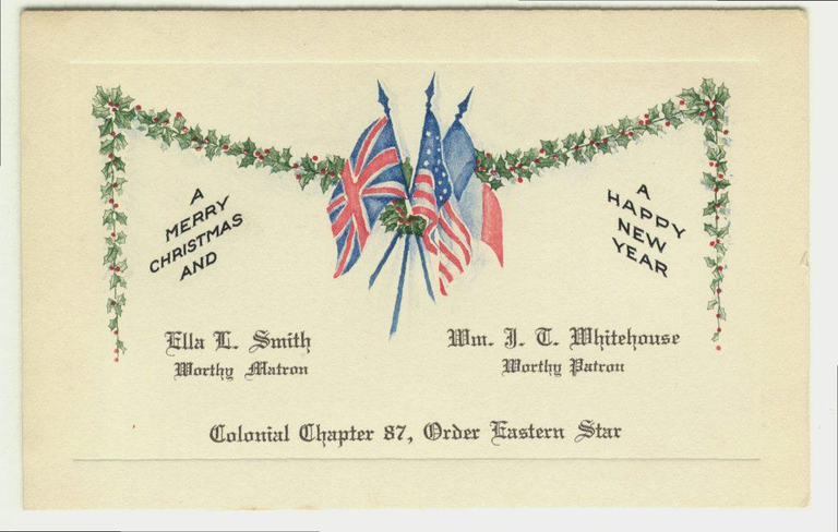 A Christmas Card signed “Colonial Chapter 87, Order Eastern Star”