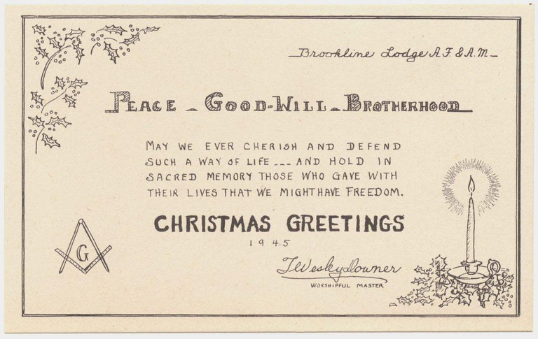 A Christmas card adorned with a Masonic square and compasses, reading “Peace. Goodwill. Brotherhood” and a personalized message.